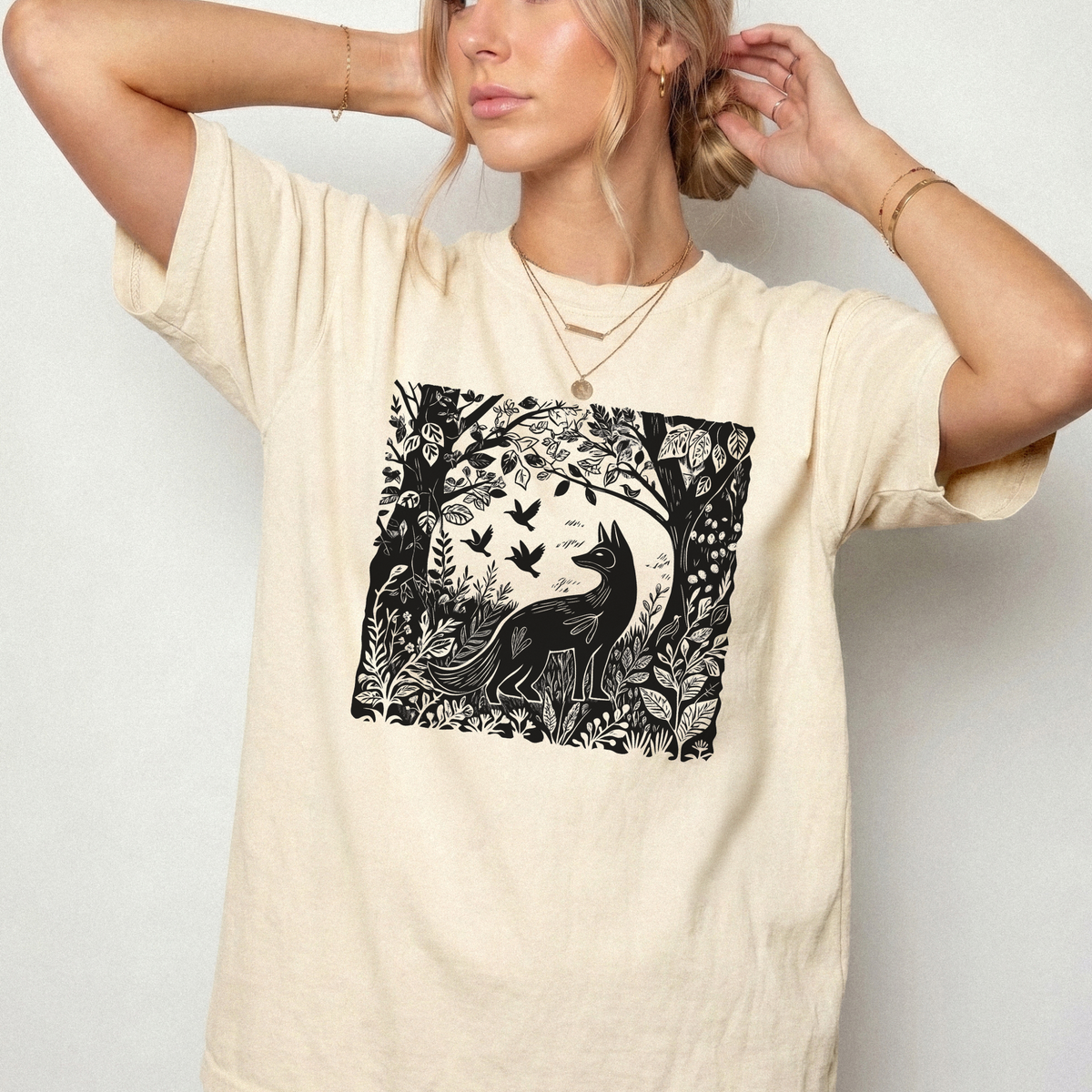 Fox and Forest Woodcut T-Shirt, Witchy Botanical Tee | Foxfire & Fable