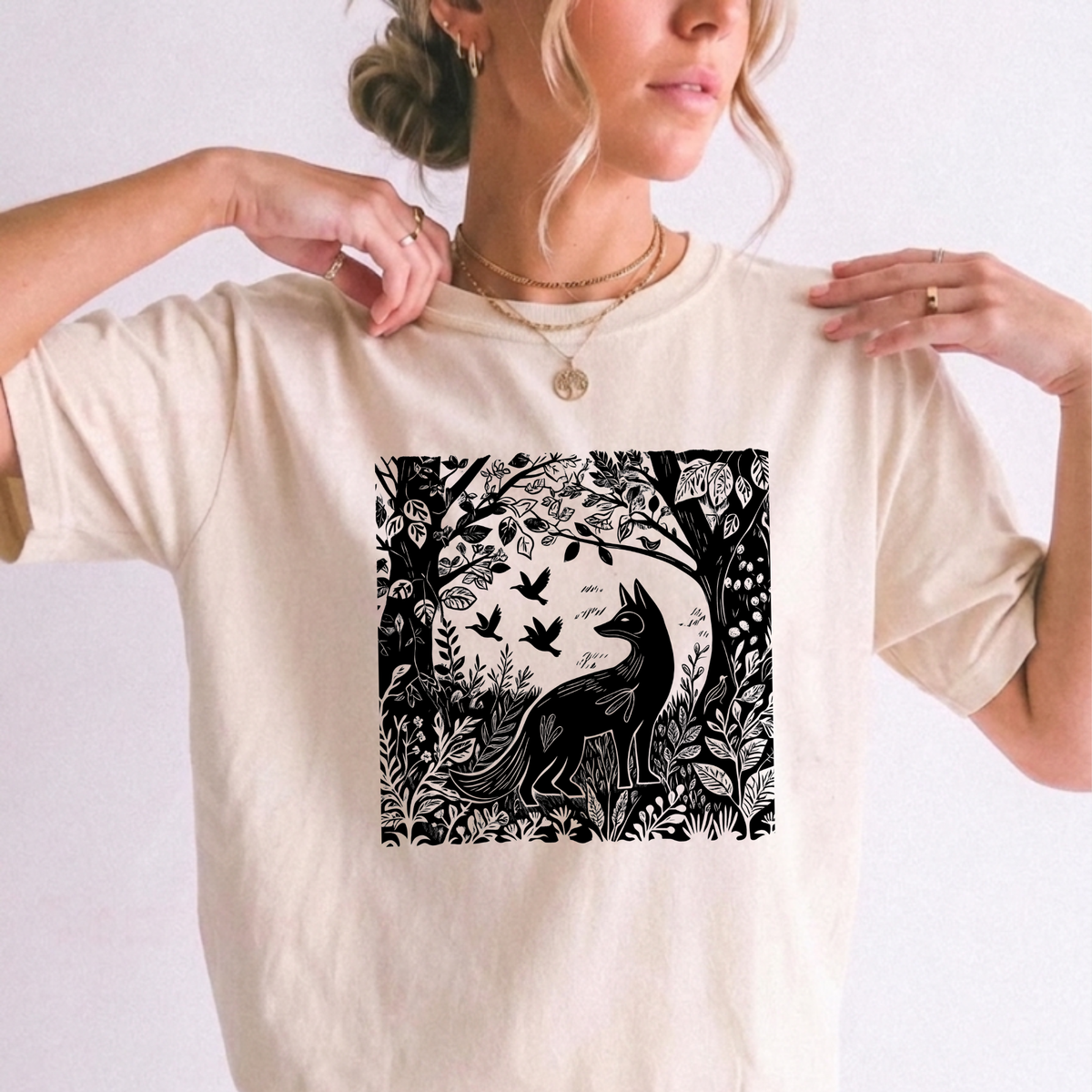 Fox and Forest Woodcut T-Shirt, Witchy Botanical Tee | Foxfire & Fable