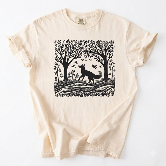 Enchanted Forest Fox Linocut T-Shirt | Foxfire & Fable - Ivory