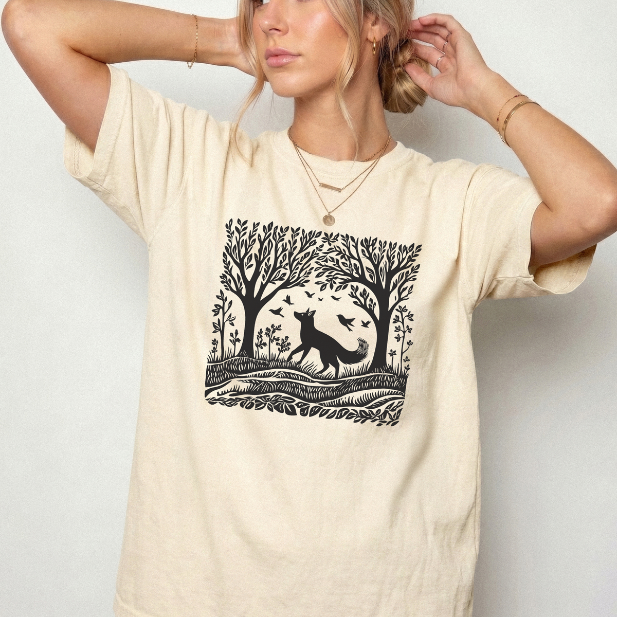 Enchanted Forest Fox Linocut T-Shirt | Foxfire & Fable