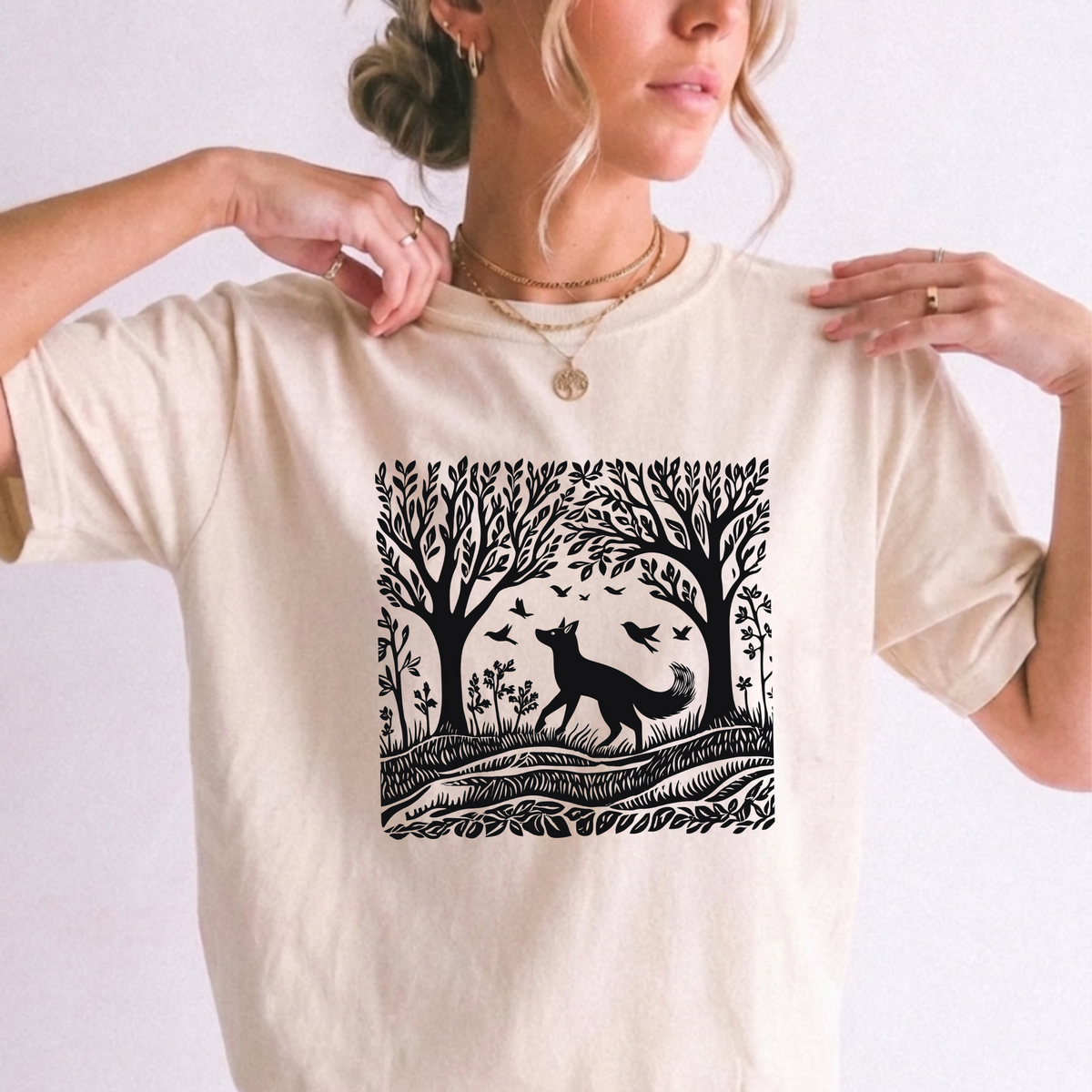 Enchanted Forest Fox Linocut T-Shirt | Foxfire & Fable