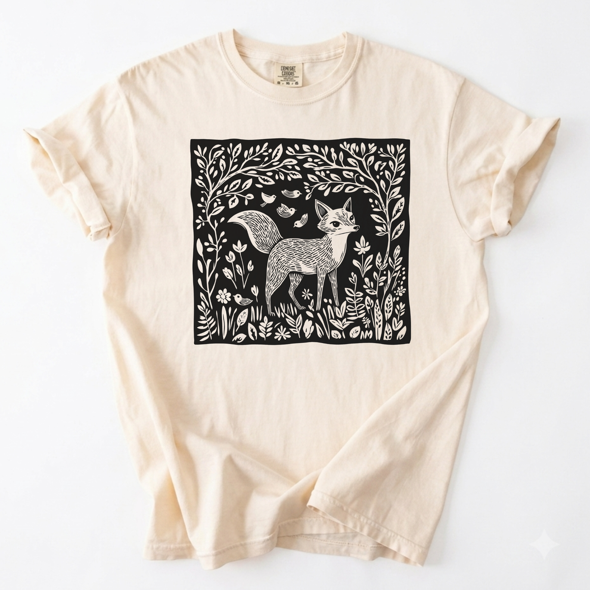 Enchanted Fox Linocut Forest Botanical Cotton T-Shirt | Foxfire & Fable - Ivory