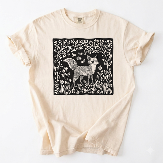 Enchanted Fox Linocut Forest Botanical Cotton T-Shirt | Foxfire & Fable - Ivory