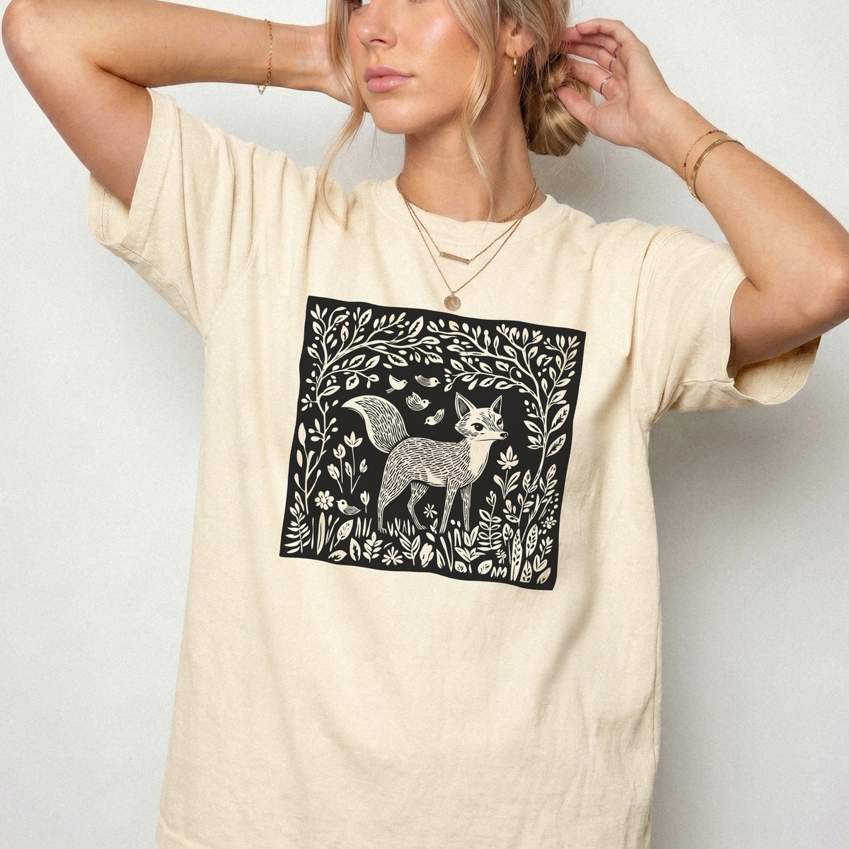 Enchanted Fox Linocut Forest Botanical Cotton T-Shirt | Foxfire & Fable