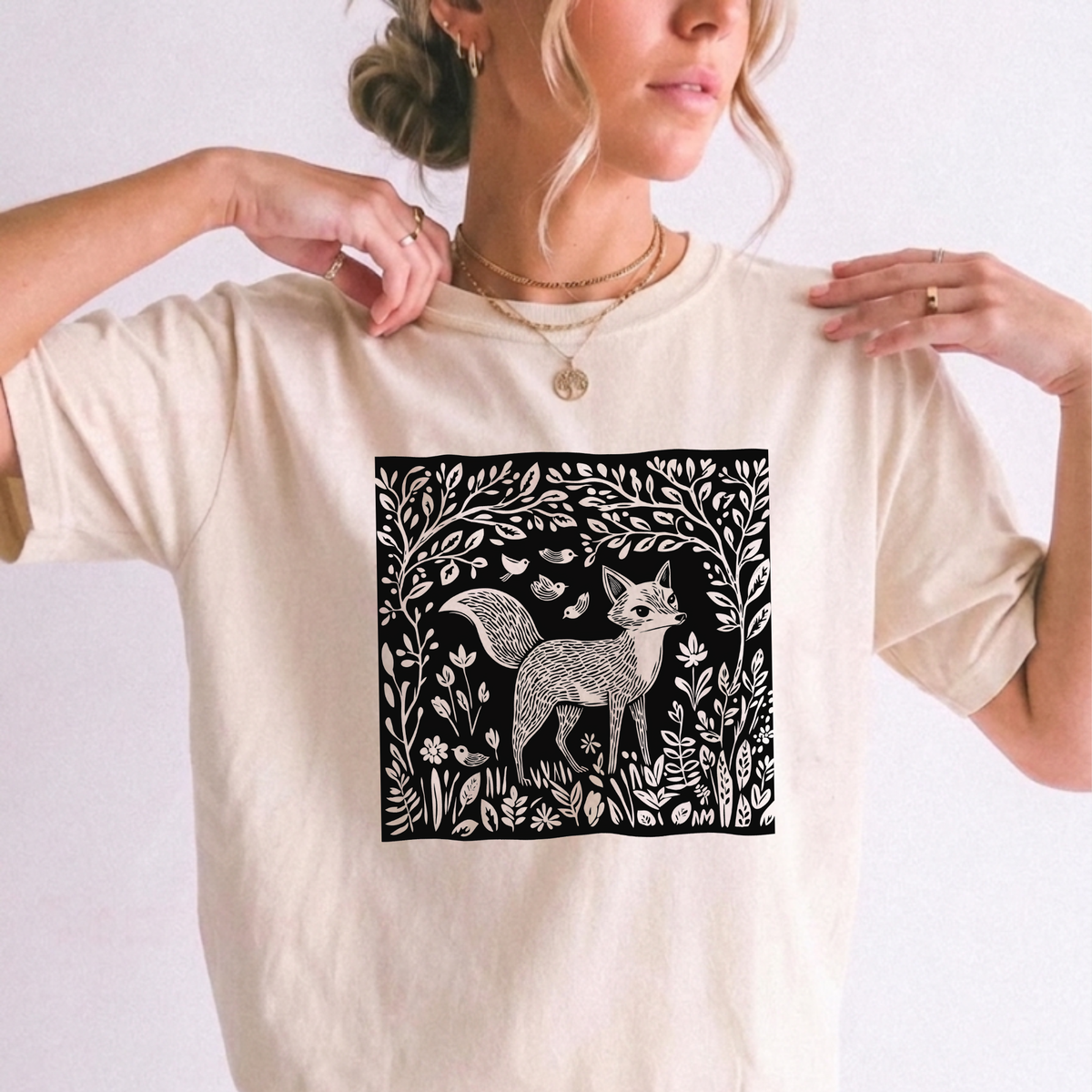 Enchanted Fox Linocut Forest Botanical Cotton T-Shirt | Foxfire & Fable