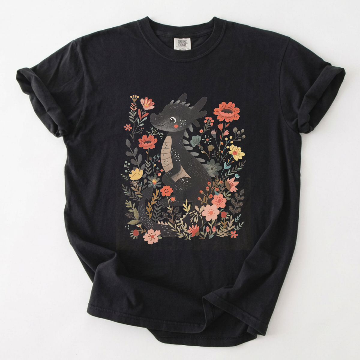 Enchanted Floral Dragon Botanical Fantasy T-Shirt | Foxfire & Fable - Black