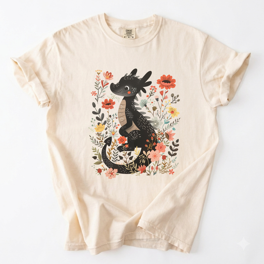 Enchanted Floral Dragon Botanical Fantasy T-Shirt | Foxfire & Fable - Ivory