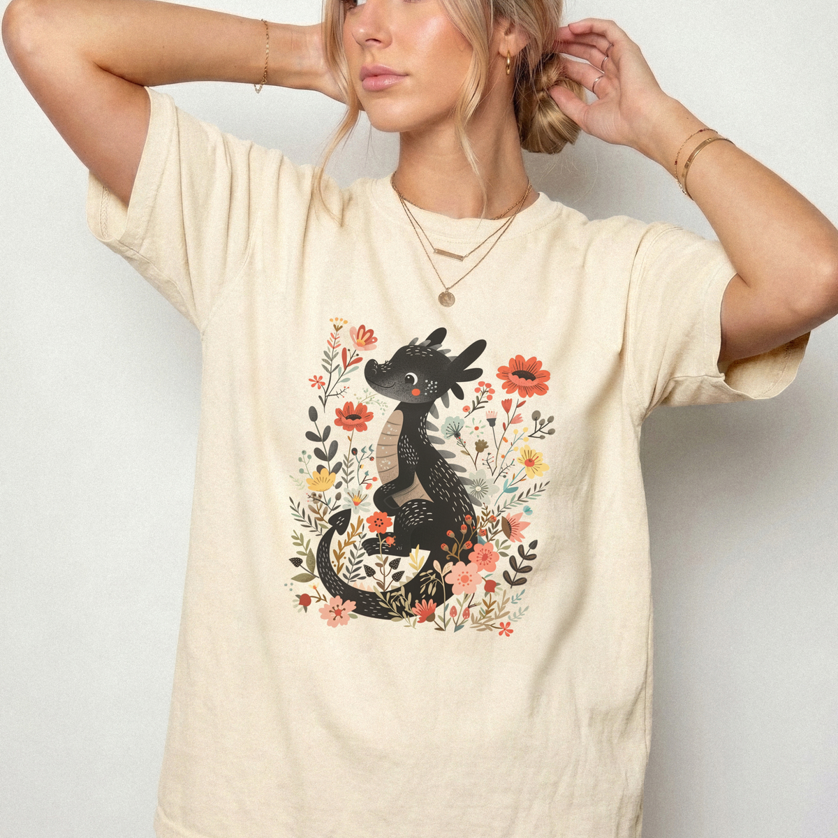 Enchanted Floral Dragon Botanical Fantasy T-Shirt | Foxfire & Fable