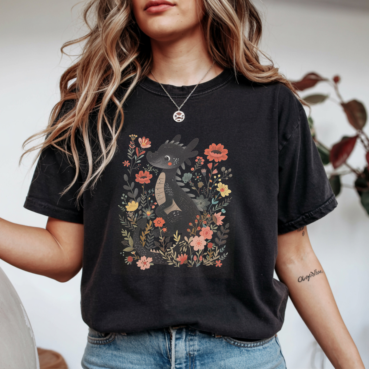 Enchanted Floral Dragon Botanical Fantasy T-Shirt | Foxfire & Fable