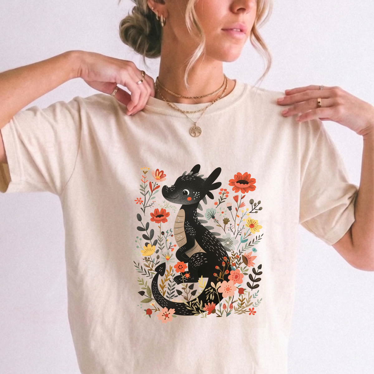 Enchanted Floral Dragon Botanical Fantasy T-Shirt | Foxfire & Fable