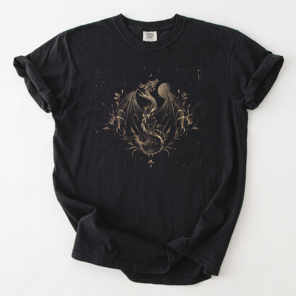 Celestial Dragon Graphic Tee with Botanical Line Art | Foxfire & Fable - Black