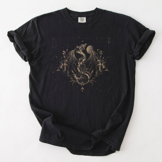 Celestial Dragon Graphic Tee with Botanical Line Art | Foxfire & Fable - Black