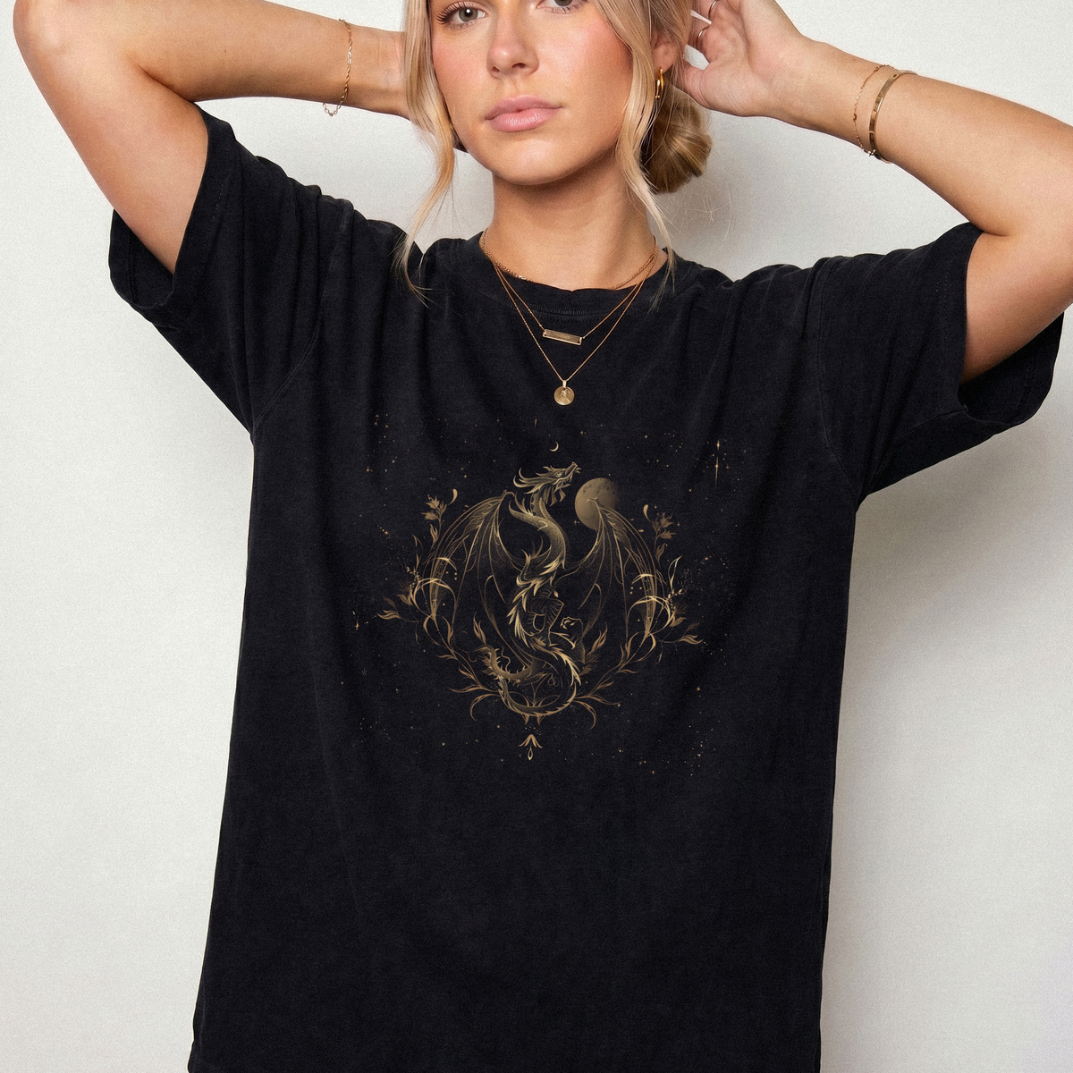 Celestial Dragon Graphic Tee with Botanical Line Art | Foxfire & Fable