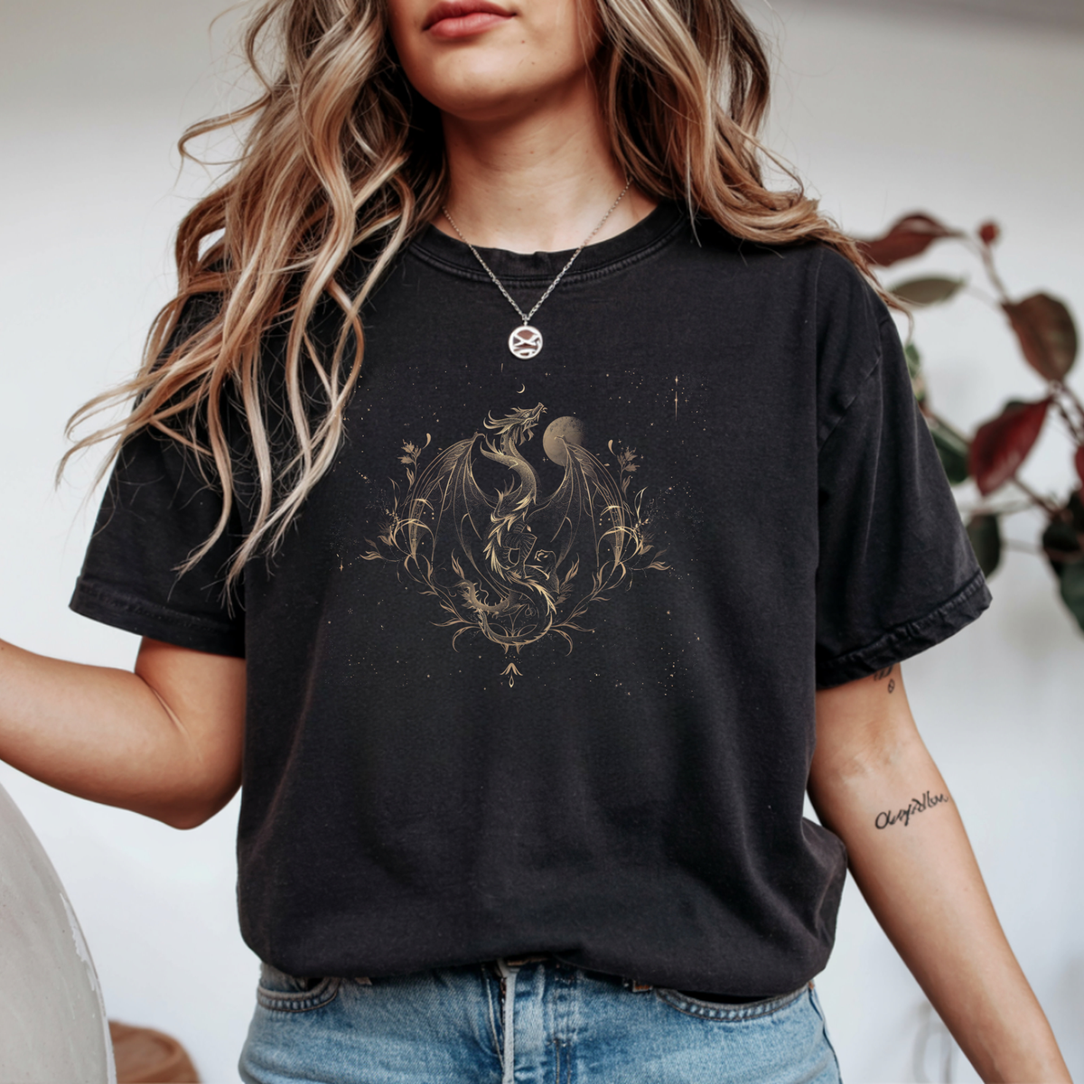 Celestial Dragon Graphic Tee with Botanical Line Art | Foxfire & Fable