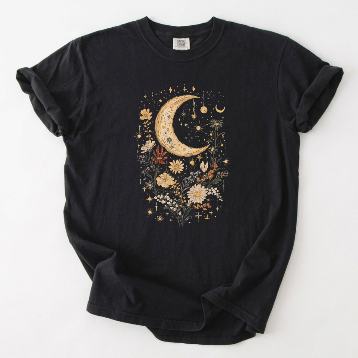 Vintage Celestial Moon and Wildflower Garden T-Shirt | Foxfire & Fable - Black