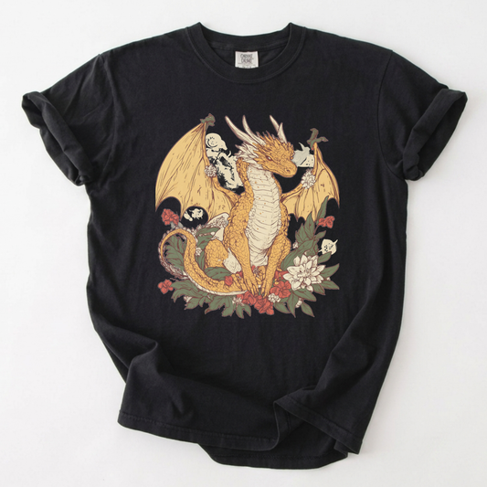 Enchanted Botanical Dragon T-Shirt | Fantasy Floral Graphic Tee | Foxfire & Fable - Black