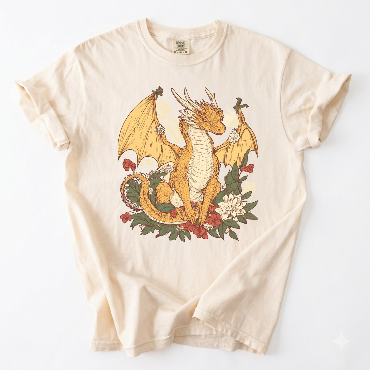 Enchanted Botanical Dragon T-Shirt | Fantasy Floral Graphic Tee | Foxfire & Fable - Ivory