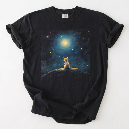 Celestial Cat Stargazing Shirt - Whimsical Night Sky Tee | Foxfire & Fable - Black