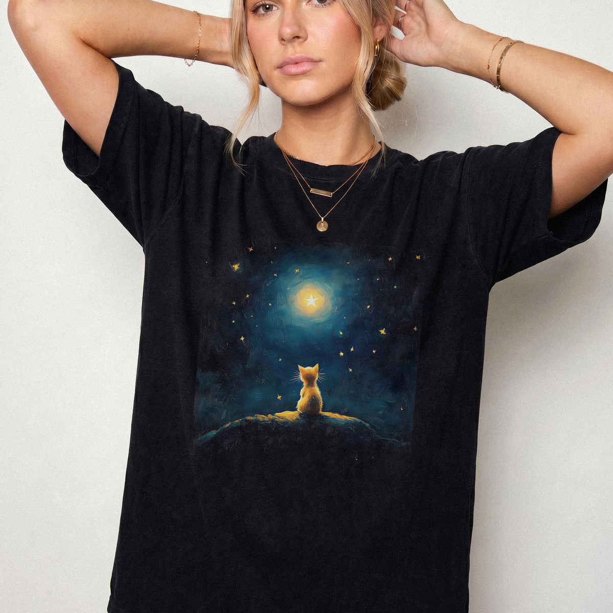 Celestial Cat Stargazing Shirt - Whimsical Night Sky Tee | Foxfire & Fable