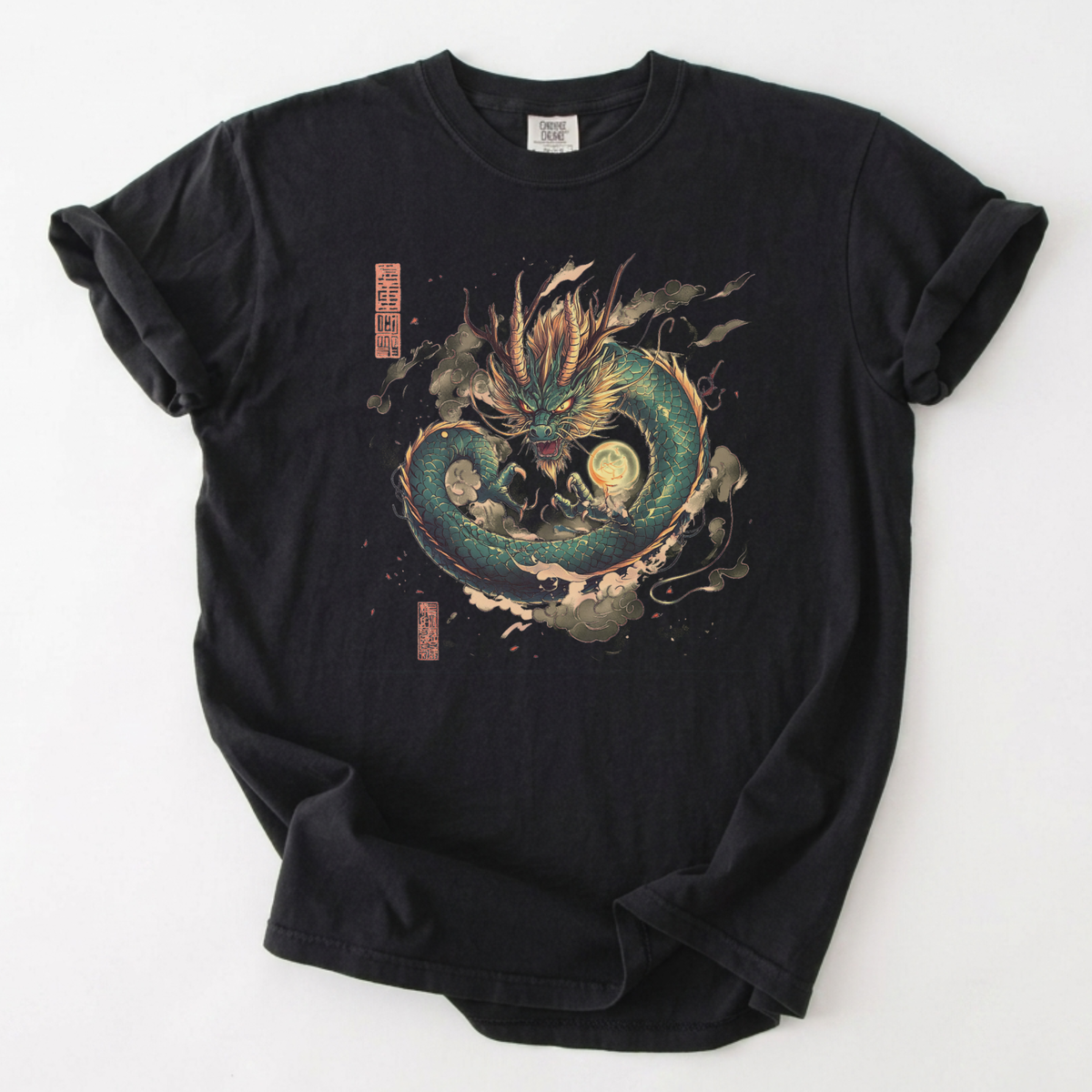 Celestial Emerald Dragon T-Shirt | Japanese Dragon Art | Foxfire & Fable - Black