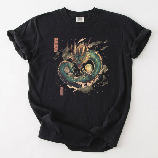 Celestial Emerald Dragon T-Shirt | Japanese Dragon Art | Foxfire & Fable - Black