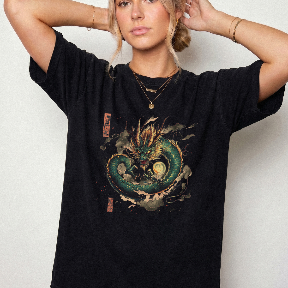 Celestial Emerald Dragon T-Shirt | Japanese Dragon Art | Foxfire & Fable