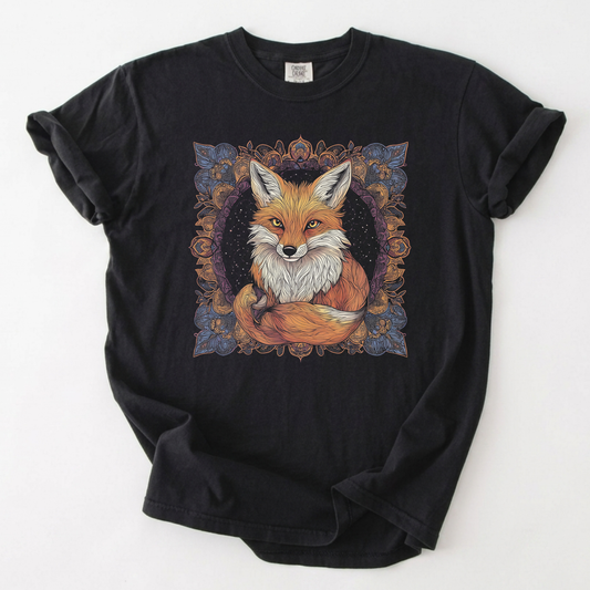 Mystical Celestial Fox Shirt Ornate Woodland Cottagecore Tee | Foxfire & Fable - Black