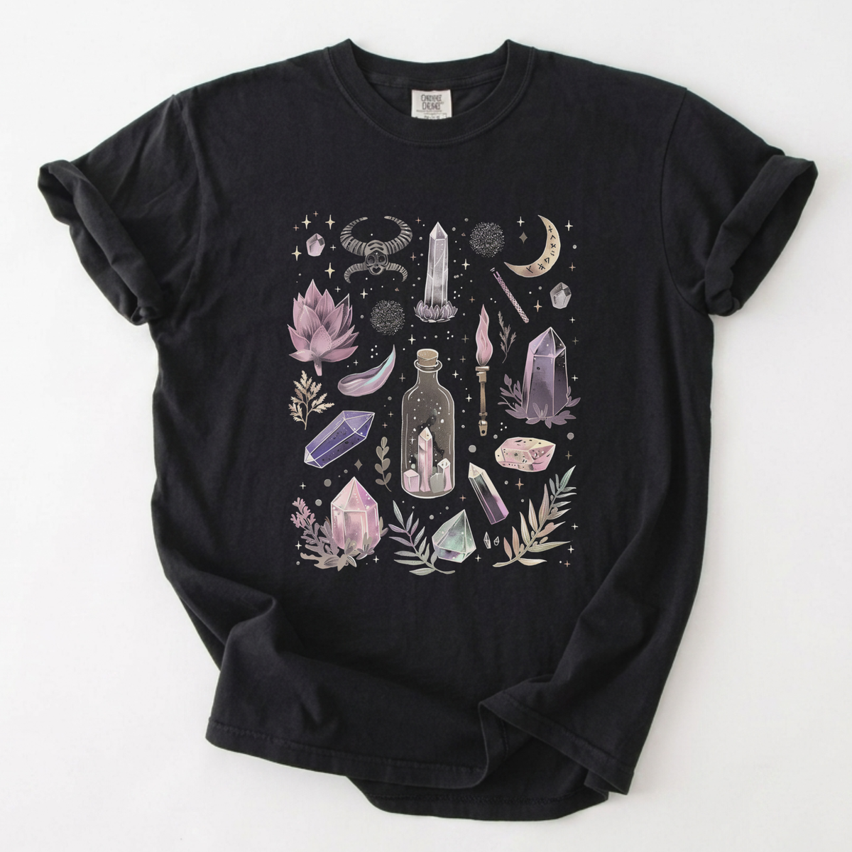 Mystic Crystal & Botanical Apothecary Witchy Aesthetic Tee | Foxfire & Fable - Black
