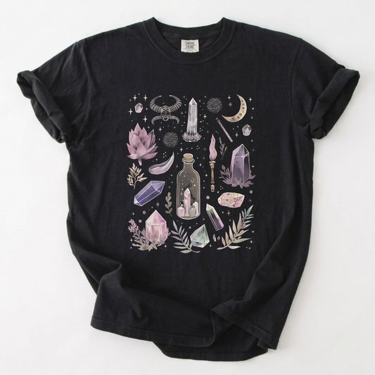 Mystic Crystal & Botanical Apothecary Witchy Aesthetic Tee | Foxfire & Fable - Black