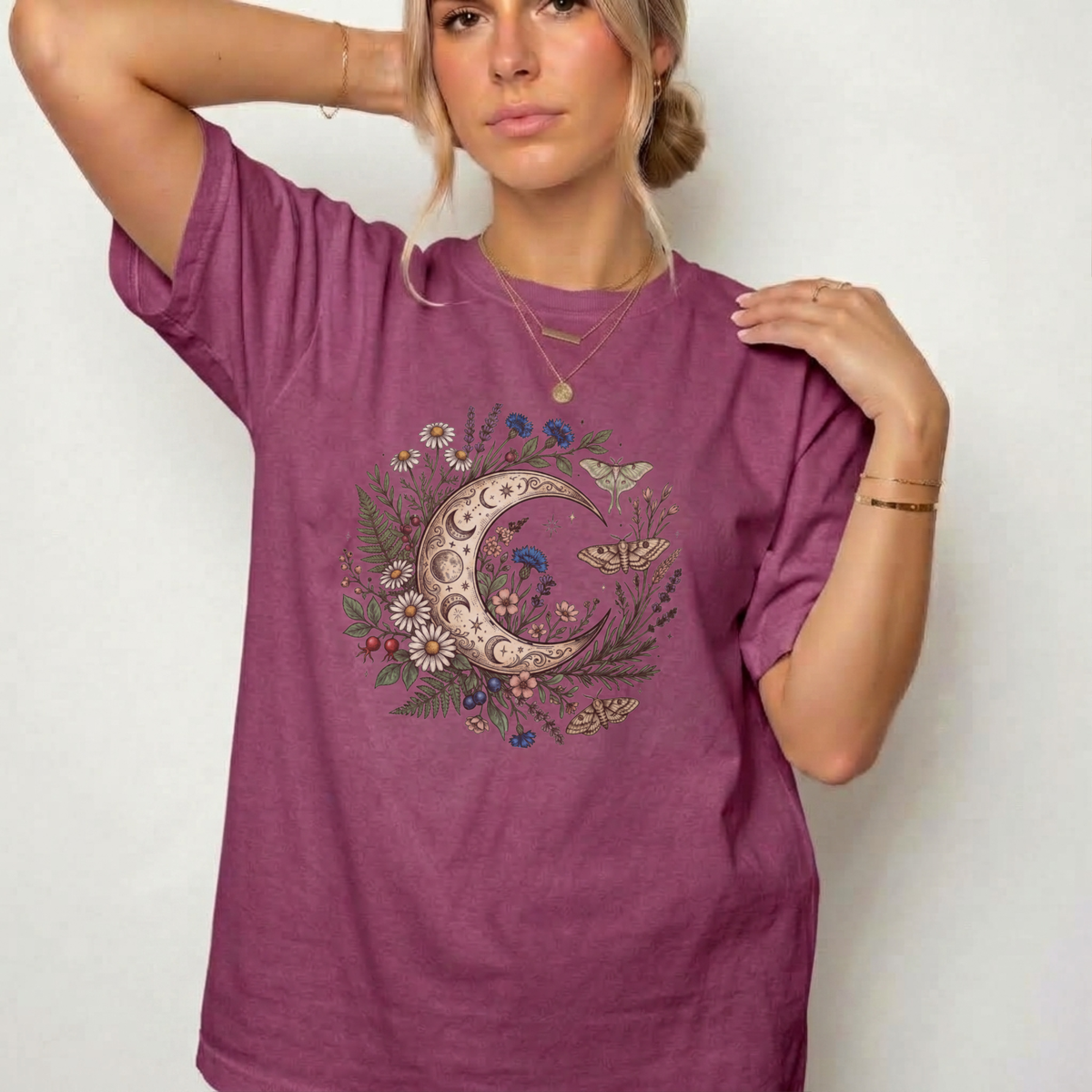 Celestial Moon & Wildflowers Botanical Tee | Foxfire & Fable