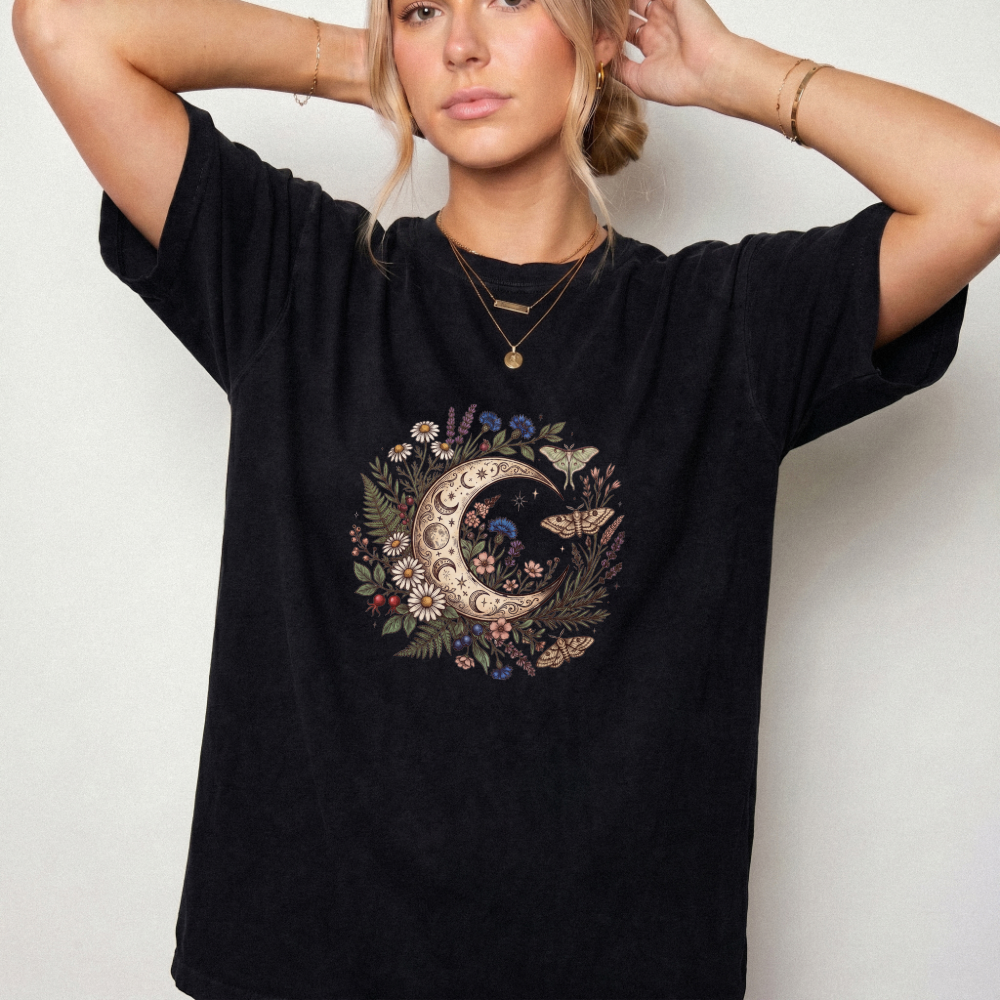 Celestial Moon & Wildflowers Botanical Tee | Foxfire & Fable