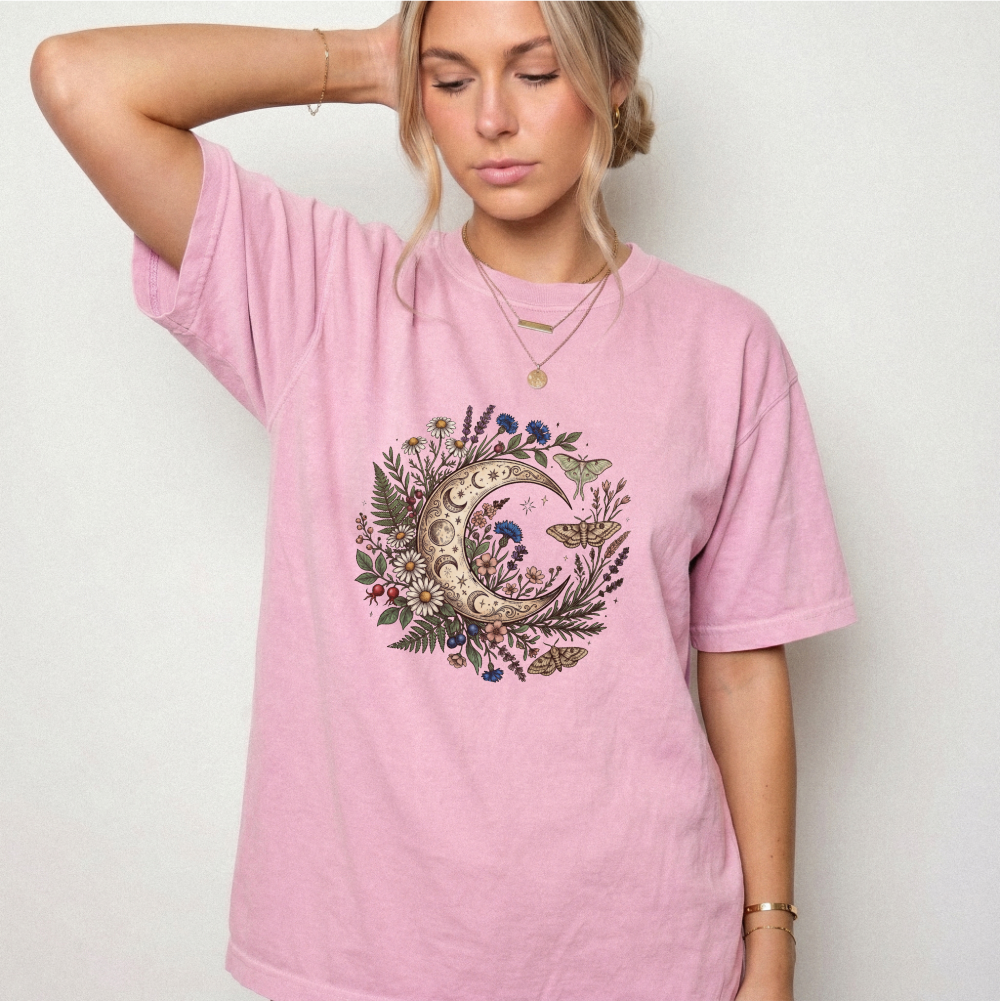 Celestial Moon & Wildflowers Botanical Tee | Foxfire & Fable