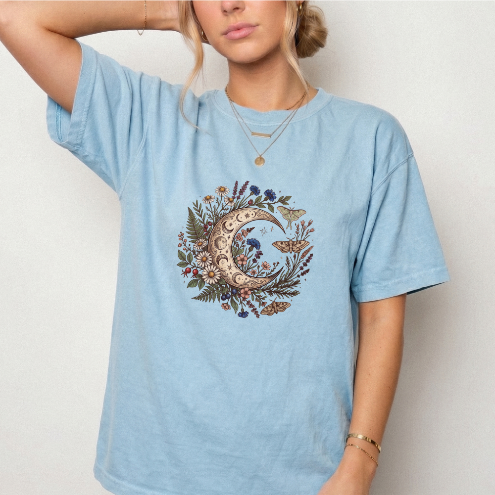 Celestial Moon & Wildflowers Botanical Tee | Foxfire & Fable