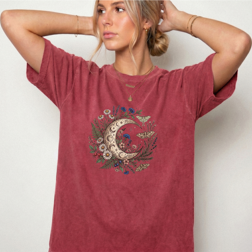 Celestial Moon & Wildflowers Botanical Tee | Foxfire & Fable