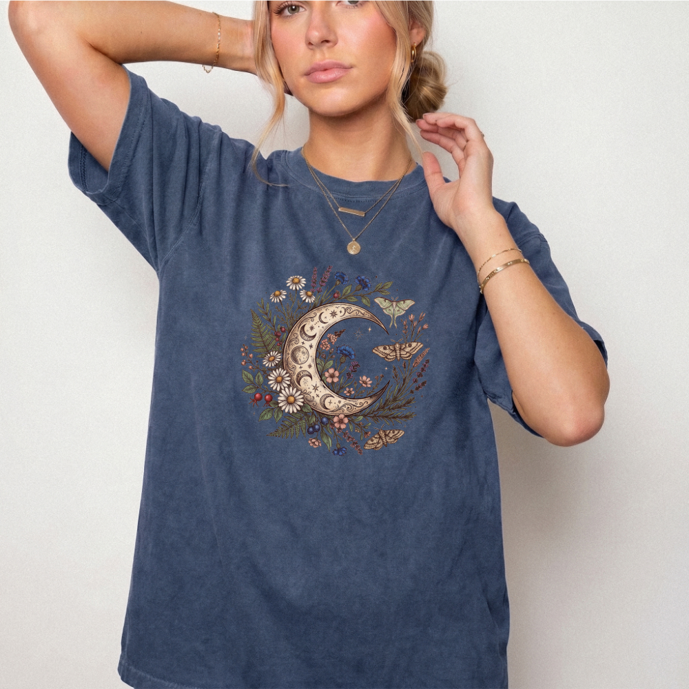 Celestial Moon & Wildflowers Botanical Tee | Foxfire & Fable