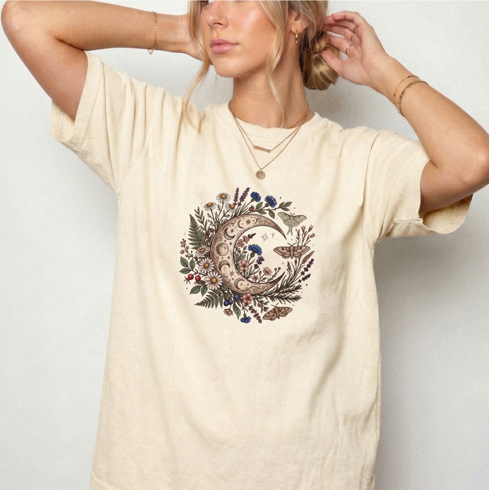 Celestial Moon & Wildflowers Botanical Tee | Foxfire & Fable