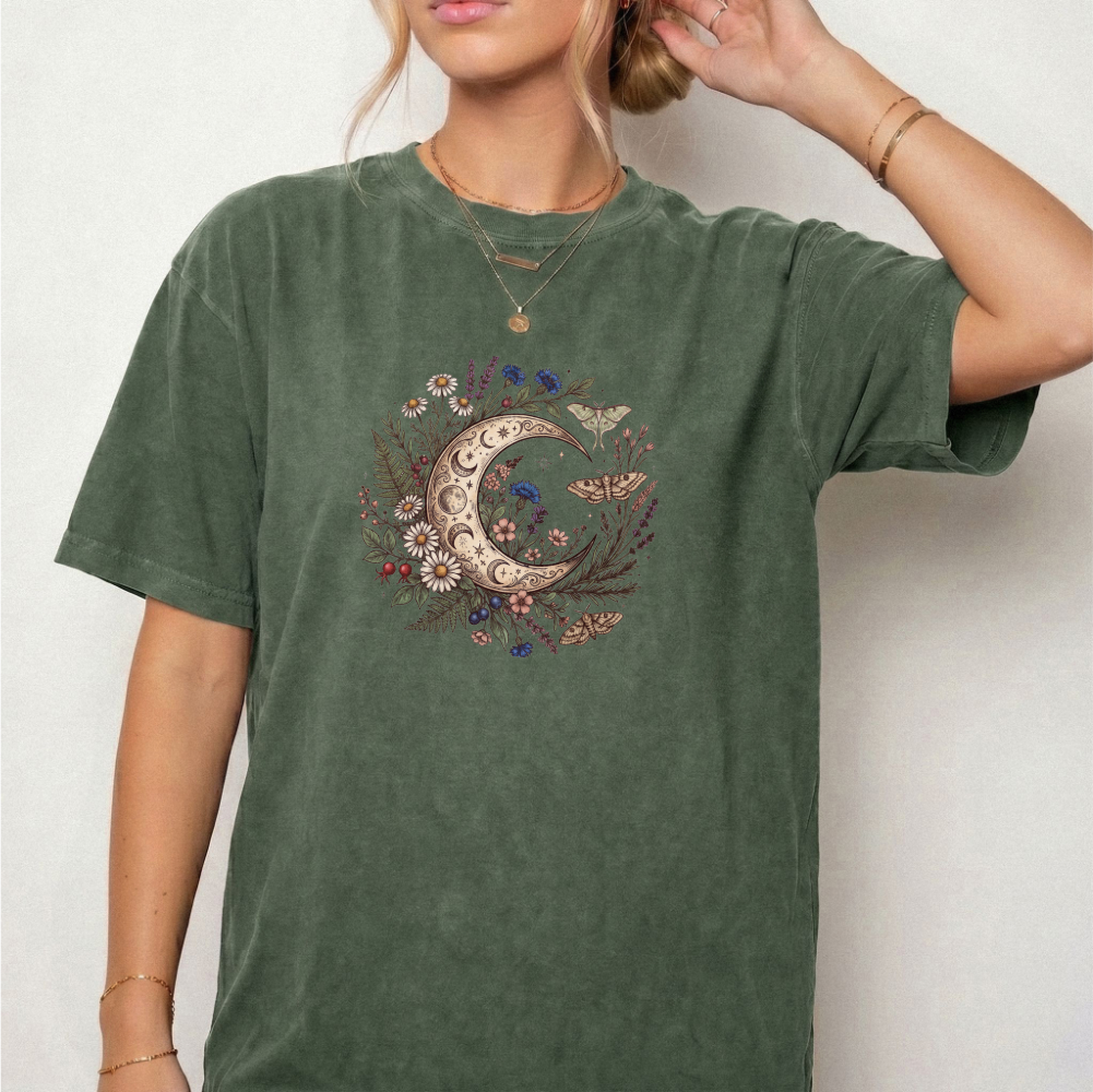Celestial Moon & Wildflowers Botanical Tee | Foxfire & Fable