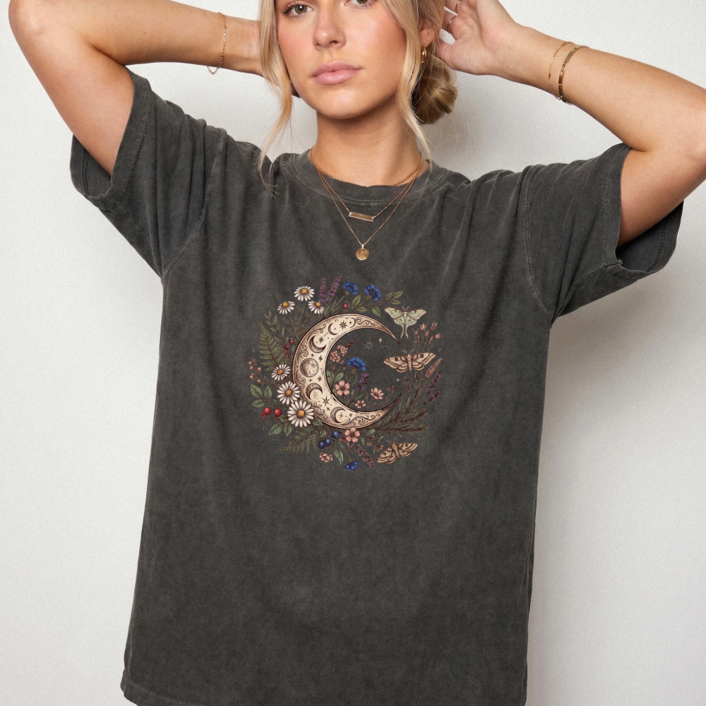 Celestial Moon & Wildflowers Botanical Tee | Foxfire & Fable