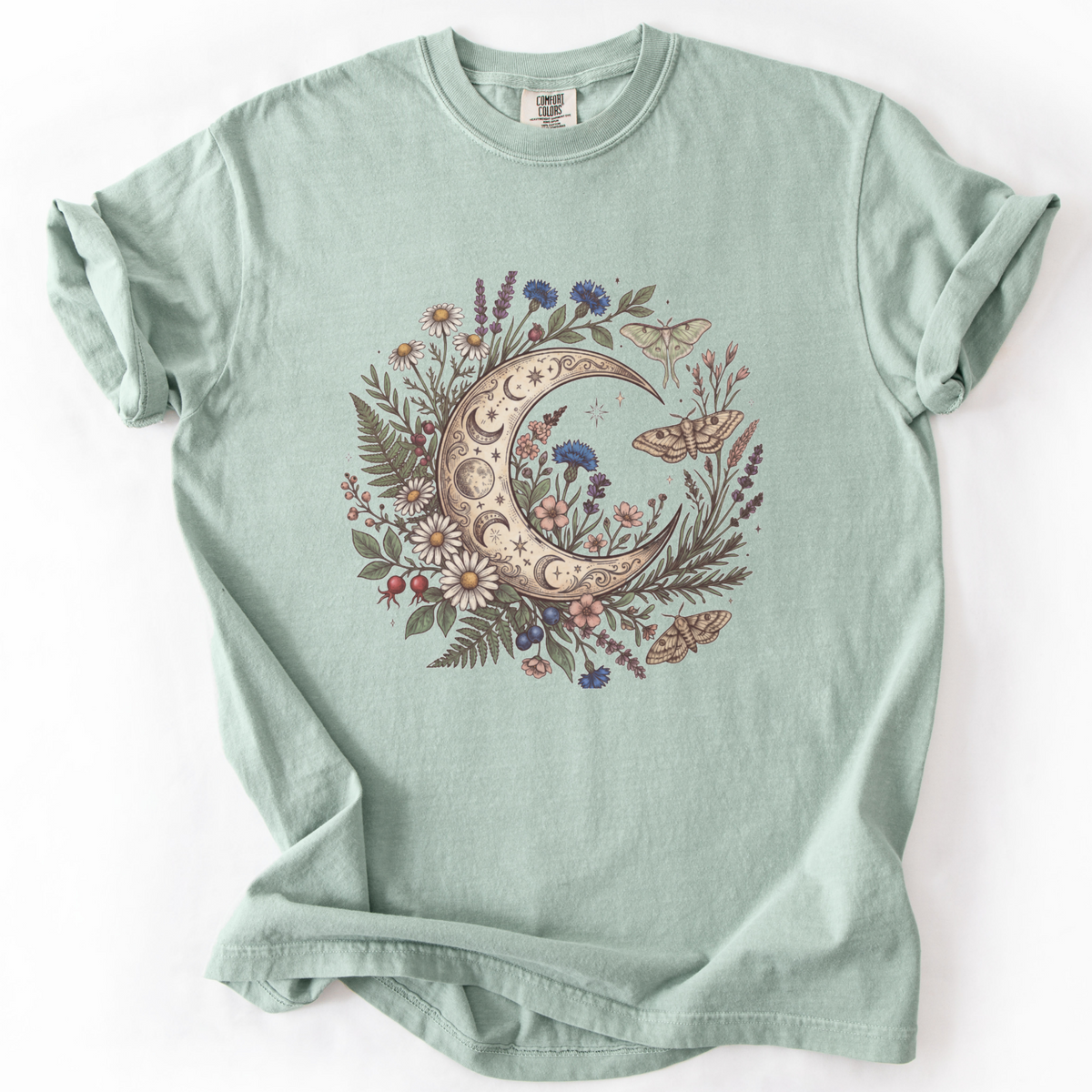 Celestial Moon & Wildflowers Botanical Tee | Foxfire & Fable - Bay