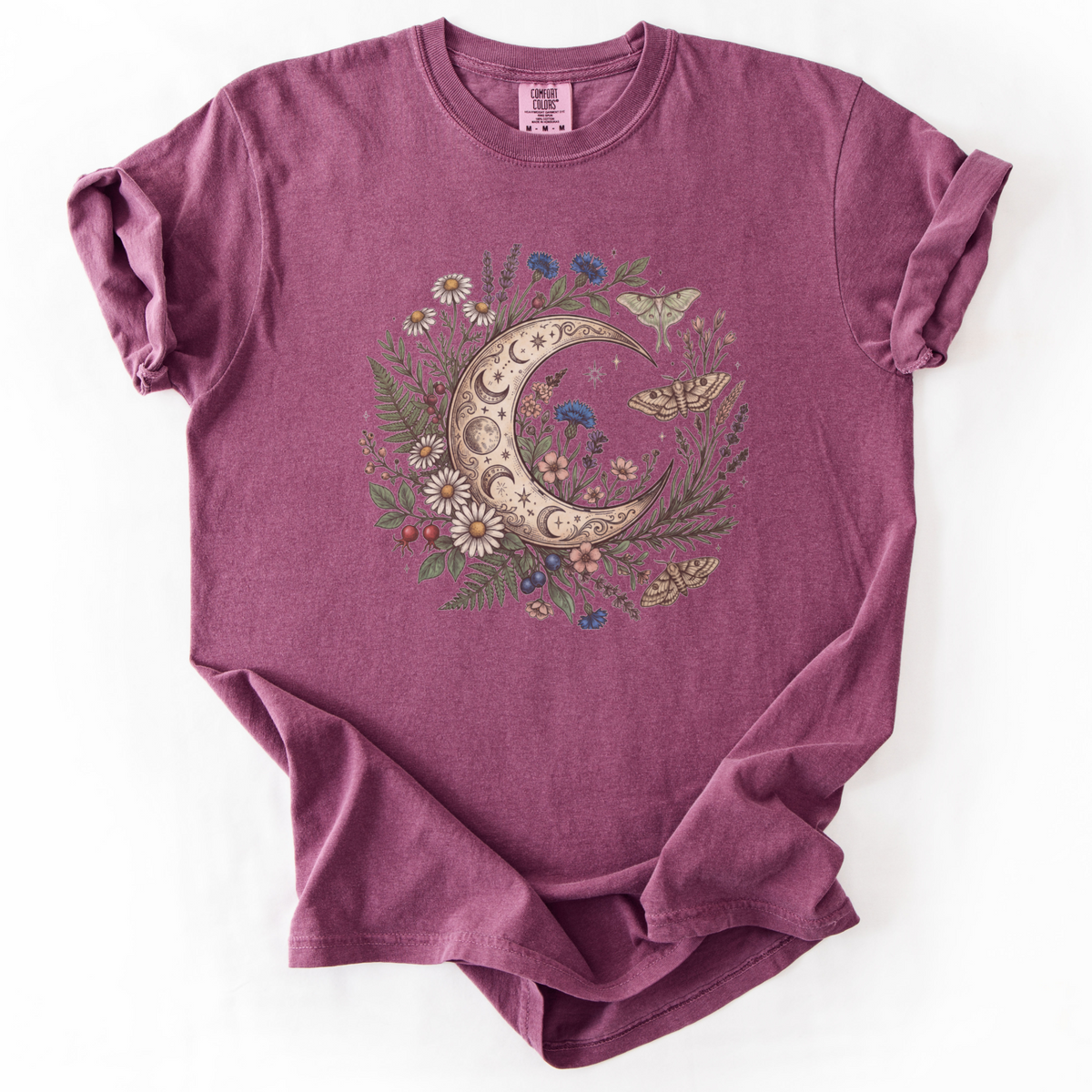 Celestial Moon & Wildflowers Botanical Tee | Foxfire & Fable - Berry