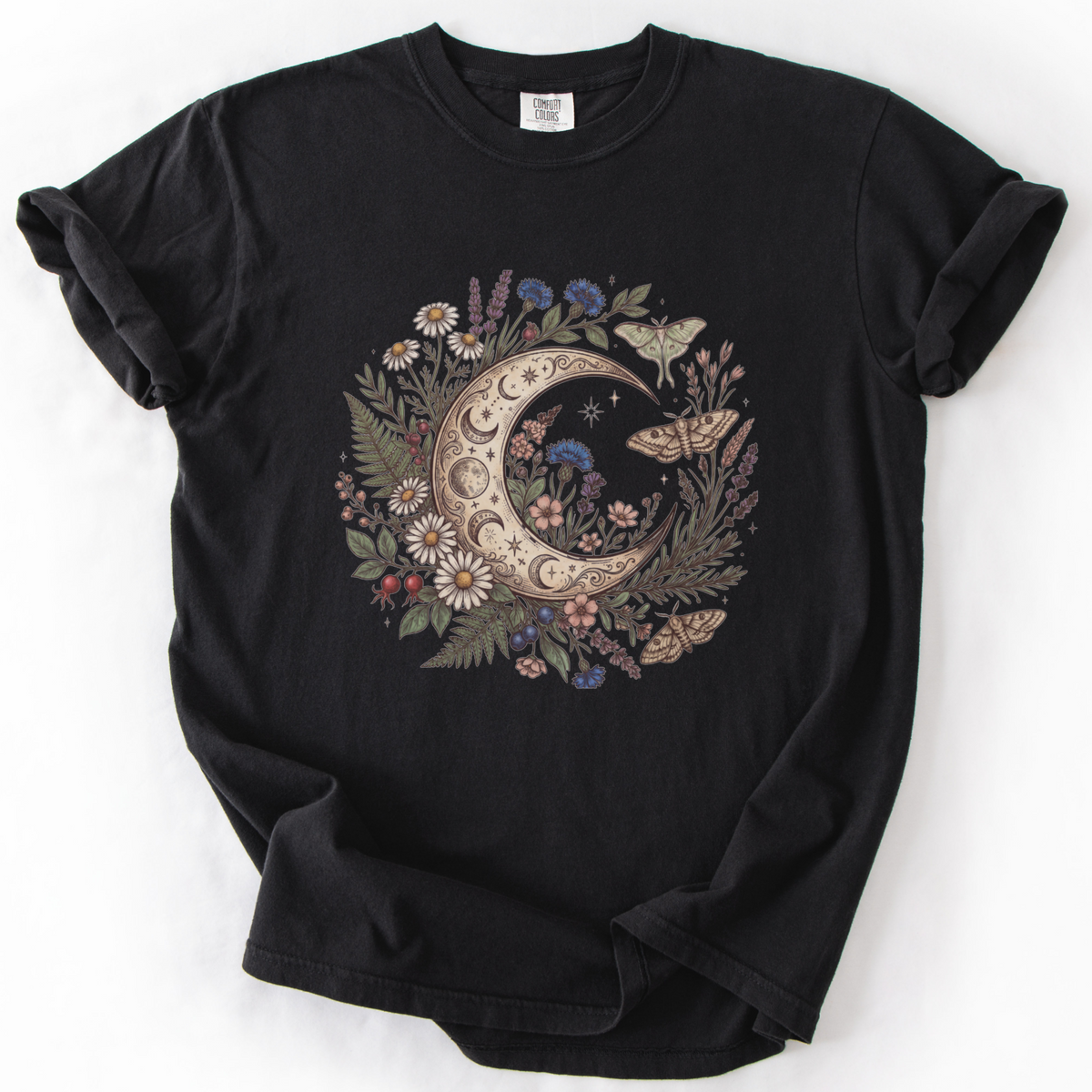 Celestial Moon & Wildflowers Botanical Tee | Foxfire & Fable - Black