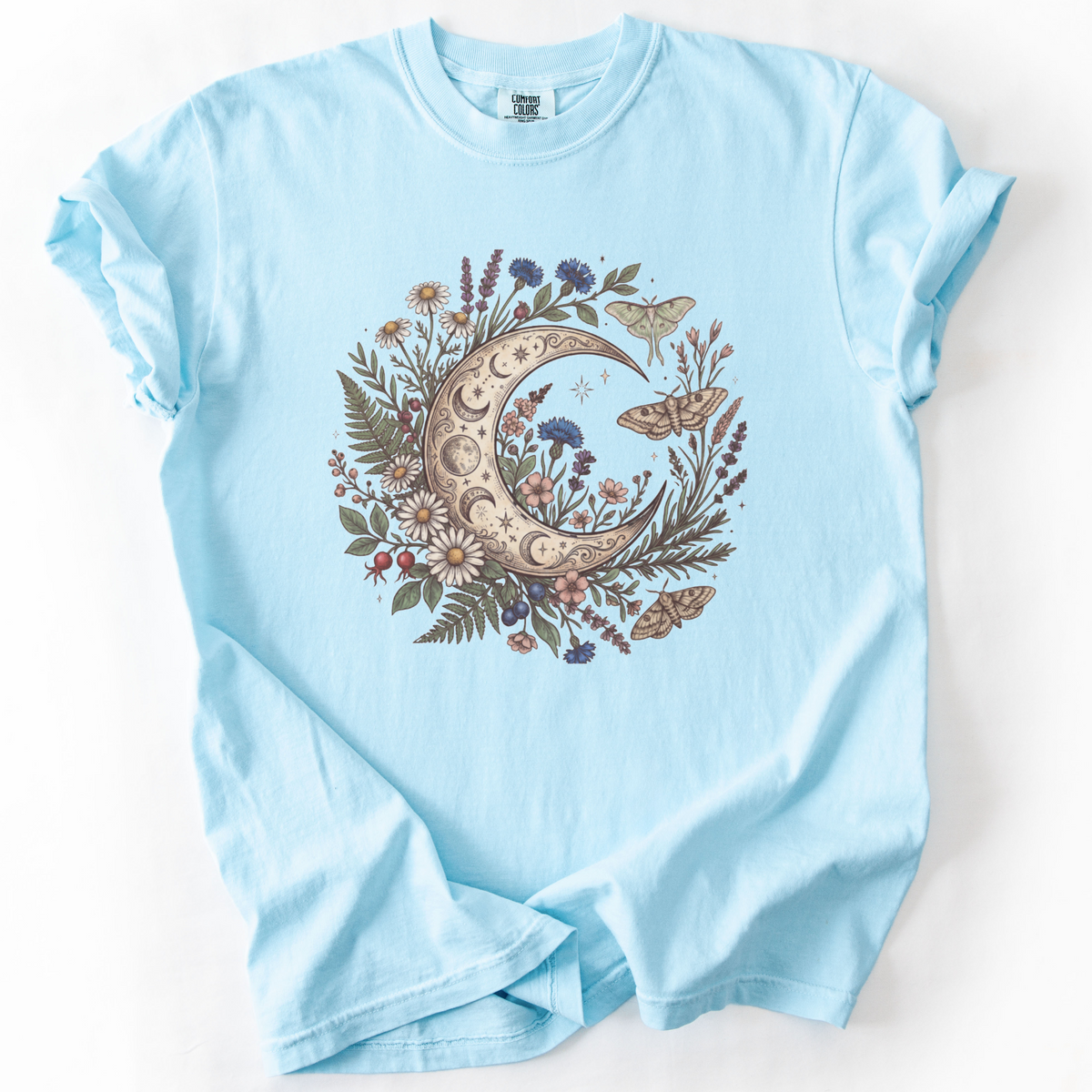Celestial Moon & Wildflowers Botanical Tee | Foxfire & Fable - Chambray