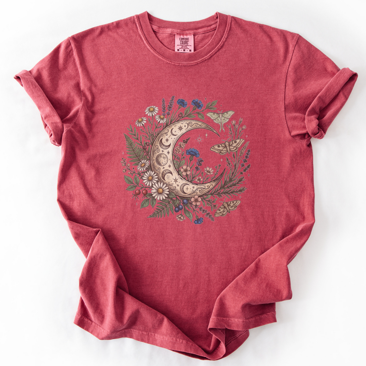 Celestial Moon & Wildflowers Botanical Tee | Foxfire & Fable - Crimson