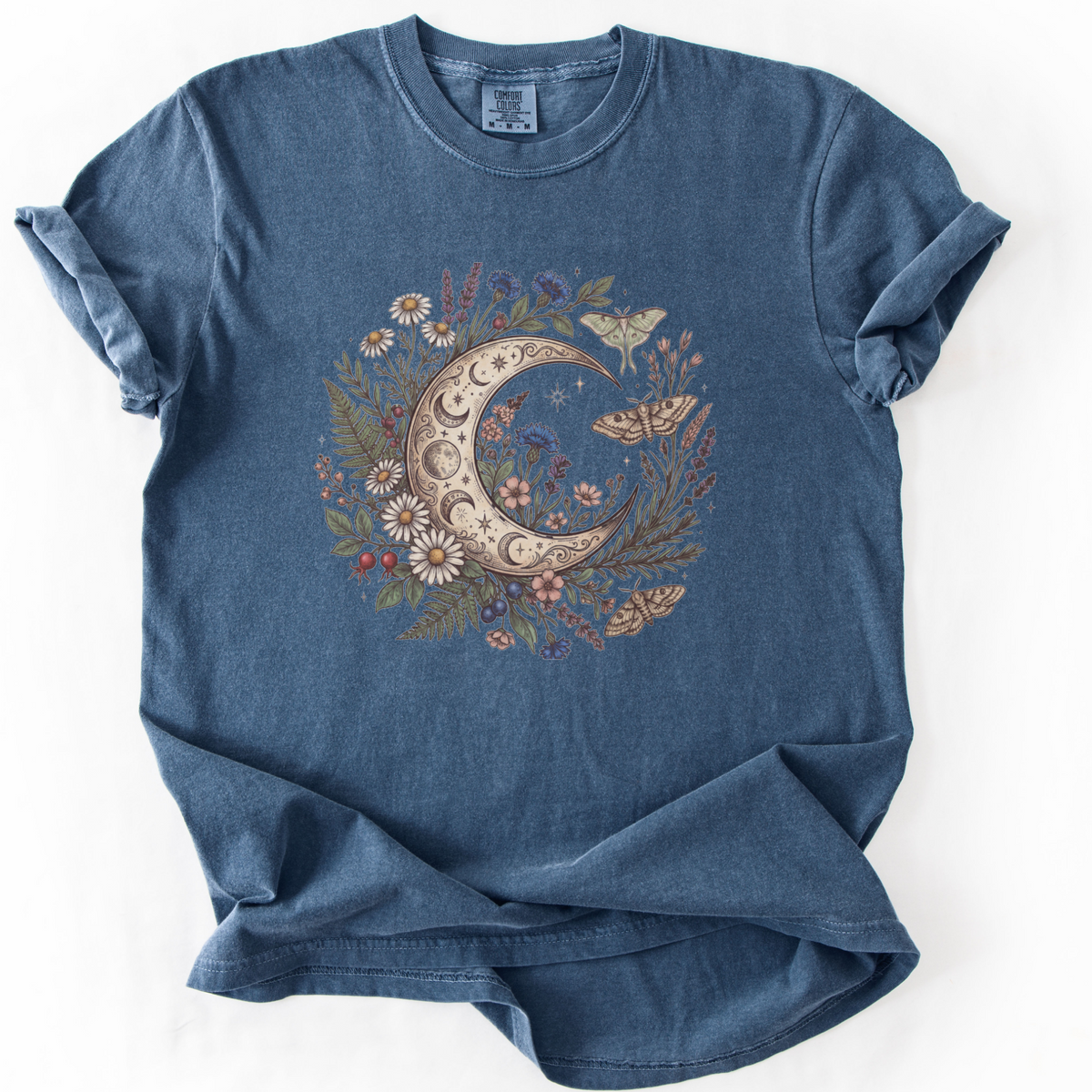 Celestial Moon & Wildflowers Botanical Tee | Foxfire & Fable - Denim
