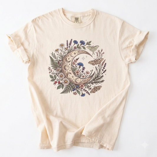 Celestial Moon & Wildflowers Botanical Tee | Foxfire & Fable - Ivory
