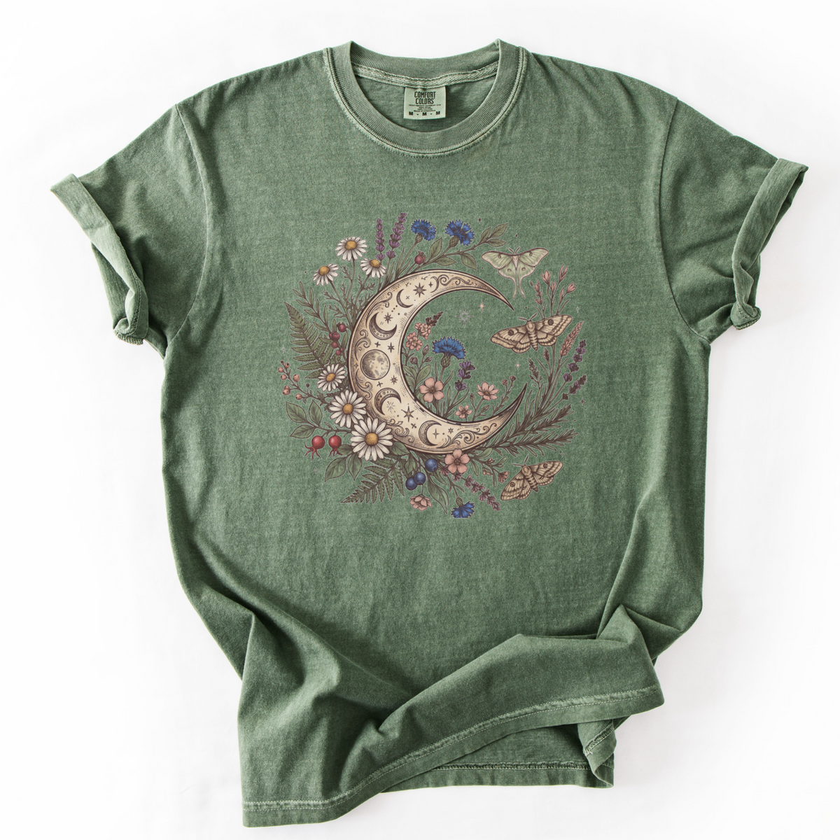 Celestial Moon & Wildflowers Botanical Tee | Foxfire & Fable - Moss