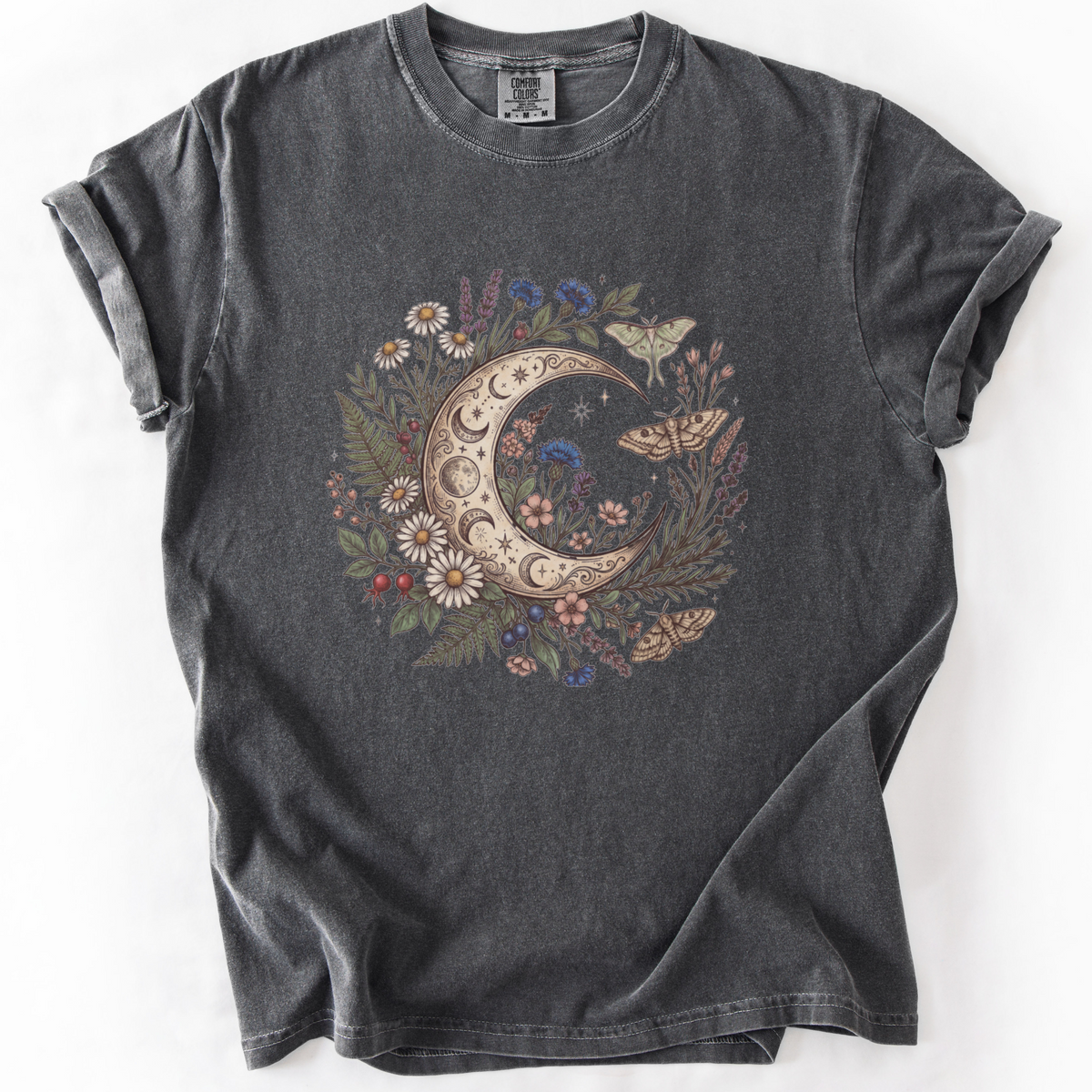 Celestial Moon & Wildflowers Botanical Tee | Foxfire & Fable - Pepper