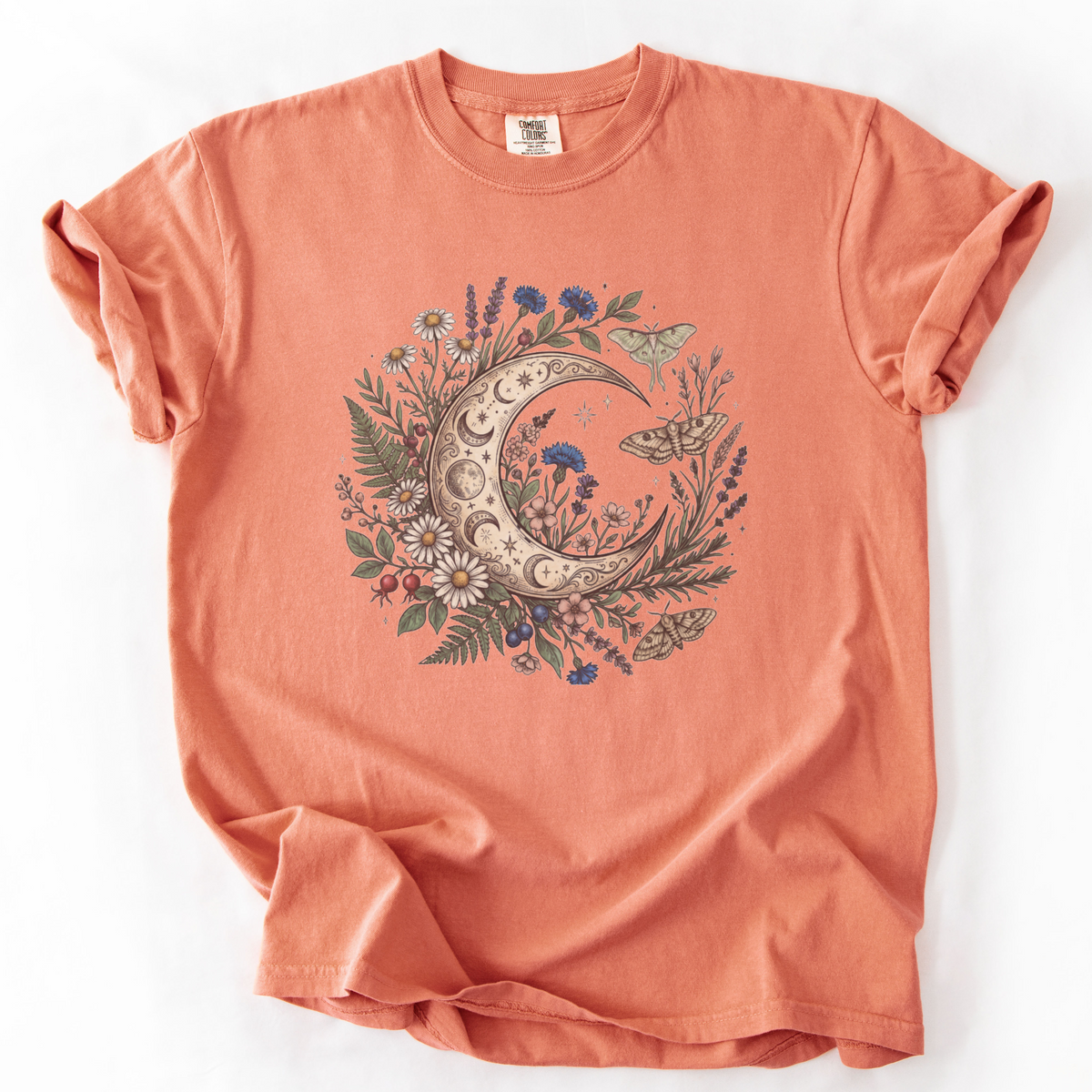 Celestial Moon & Wildflowers Botanical Tee | Foxfire & Fable - Terracotta