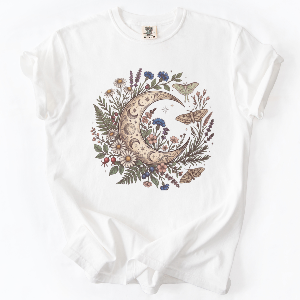 Celestial Moon & Wildflowers Botanical Tee | Foxfire & Fable - White