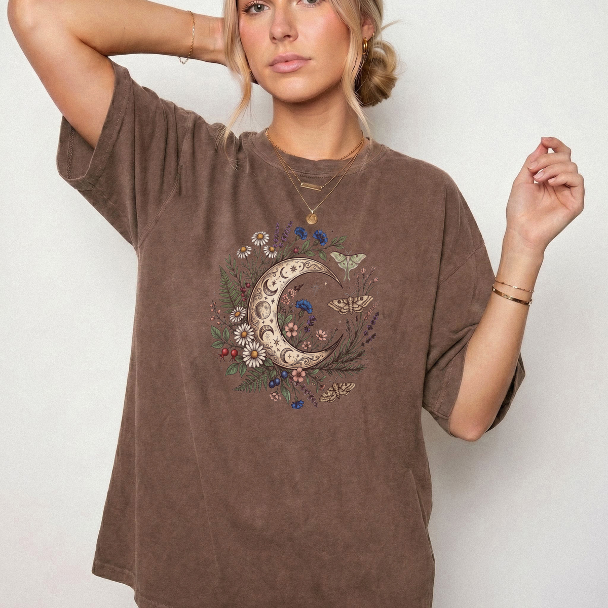 Celestial Moon & Wildflowers Botanical Tee | Foxfire & Fable